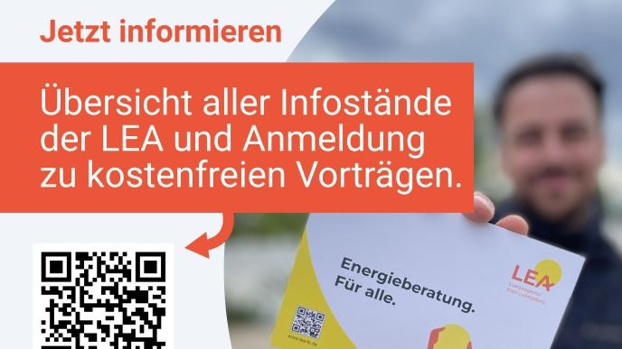 Kostenlose Energieberatung in über 16 Städten und Gemeinden des Landkreises; (C) LEA QR-Code für die Anmeldung zu Online-Vorträgen und Übersicht aller Infostände